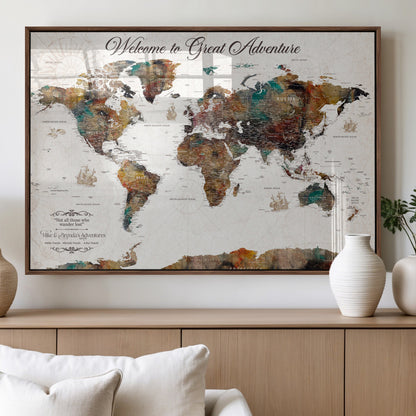 67029173-MGV-FP-36X24-3P_Walnut-Personalized World Map Wall Art – Colorful Vintage Adventure Travel Map with Custom Couple Names, Rustic Wall Decor for Home,