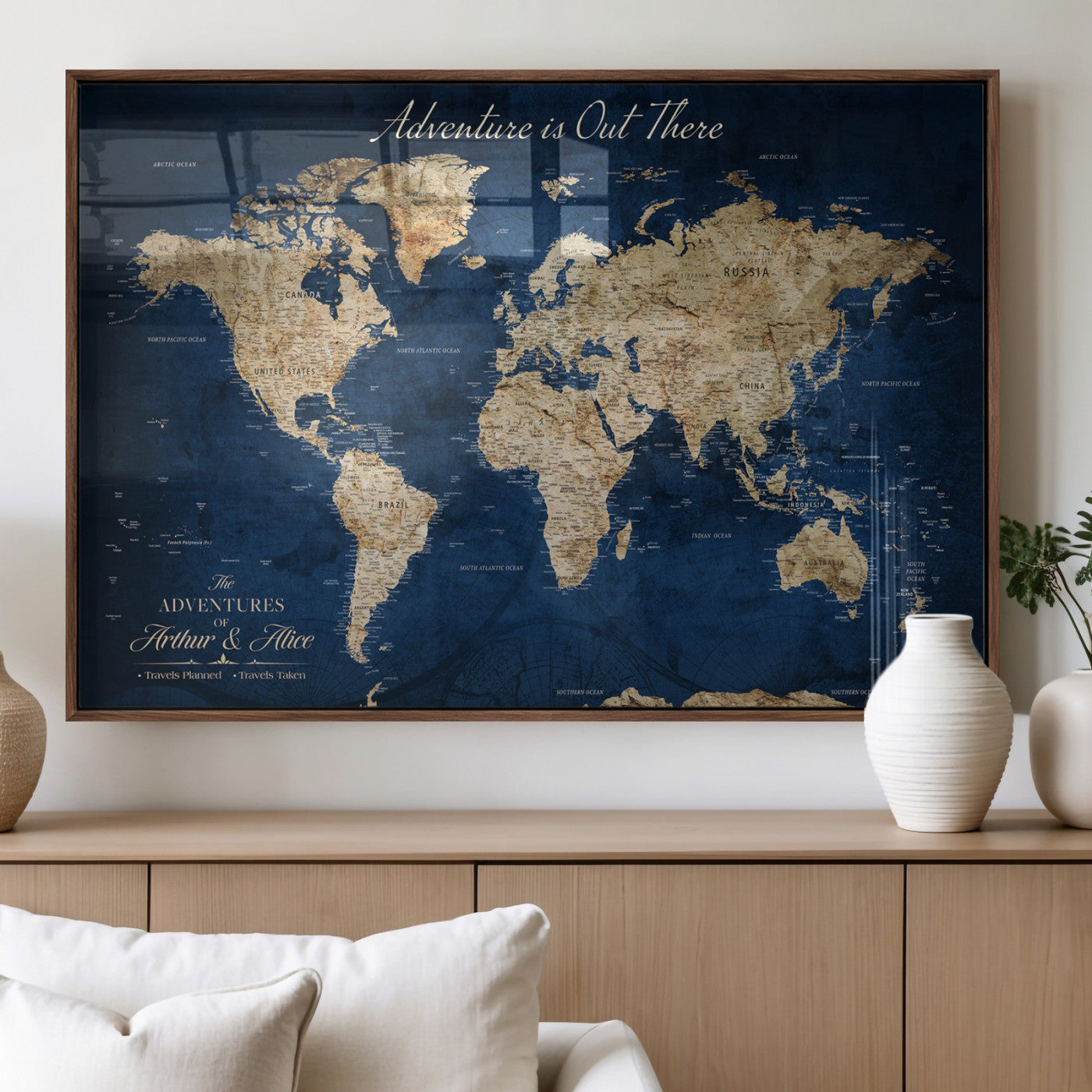 71052542-MGV-FP-36X24-3P_Walnut-Personalized World Map Wall Art – Rustic Navy Blue Adventure Travel Map with Custom Couple Names, Vintage Wall Decor for Home or