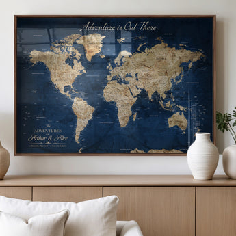 71052542-MGV-FP-36X24-3P_Walnut-Personalized World Map Wall Art – Rustic Navy Blue Adventure Travel Map with Custom Couple Names, Vintage Wall Decor for Home or