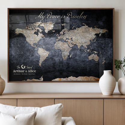 85403043-MGV-FP-36X24-3P_Walnut-Personalized World Map Wall Art – Dark Blue Rustic Adventure Map with Custom Couple Names, Vintage Wall Decor for Home or Travel