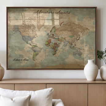 62500285-MGV-FP-36X24-3P_Walnut-Personalized World Map Wall Art – Rustic Watercolor Adventure Awaits Travel Map with Custom Couple Names, Vintage Wall Decor for
