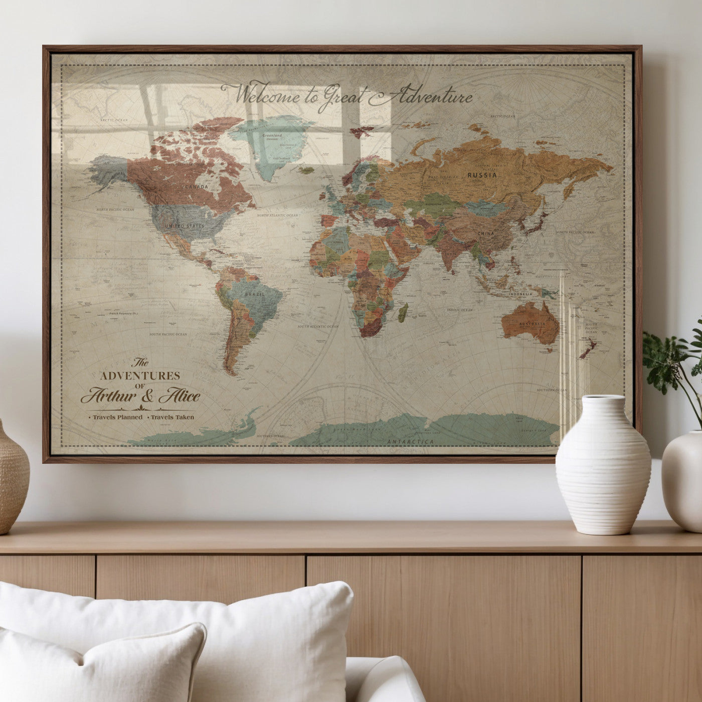 43497401-MGV-FP-36X24-3P_Walnut-Personalized World Map Wall Art – Vintage Rustic Adventure Travel Map with Custom Couple Names, Welcome to Great Adventure Wall