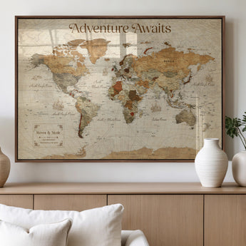 18685073-MGV-FP-36X24-3P_Walnut-Personalized World Map Wall Art – Antique Vintage Parchment Adventure Awaits Travel Map with Custom Couple Names, Rustic Wall