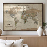 62766900-MGV-FP-36X24-3P_Walnut-Personalized World Map Wall Art – Antique Parchment Adventure Travel Map with Custom Couple Names, Rustic Wall Decor for Home,