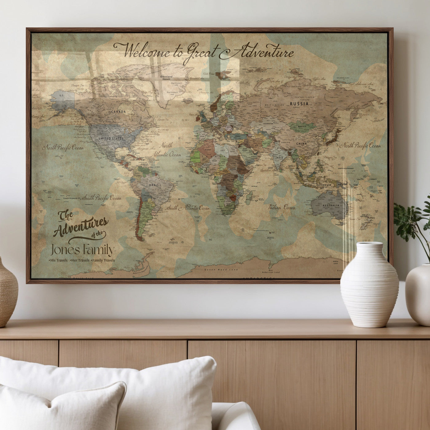 32019746-MGV-FP-36X24-3P_Walnut-Personalized World Map Wall Art – Vintage Camo Adventure Travel Map with Custom Family Names, Rustic Wall Decor for Couples, Home