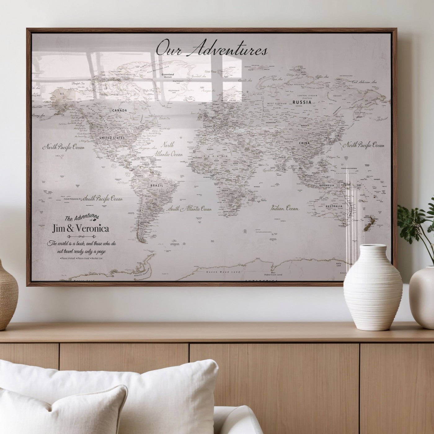 11706567-MGV-FP-36X24-3P_Walnut-Personalized World Map Wall Art – Minimalist Beige Adventure Travel Map with Custom Names, Elegant Push Pin Canvas for Couples,