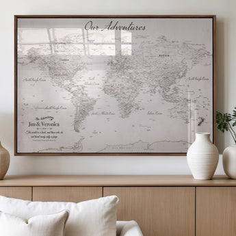 11706567-MGV-FP-36X24-3P_Walnut-Personalized World Map Wall Art – Minimalist Beige Adventure Travel Map with Custom Names, Elegant Push Pin Canvas for Couples,