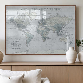 70605050-MGV-FP-36X24-3P_Walnut-Personalized World Map Wall Art – Cool Gray Adventure Travel Map with Custom Names, Elegant Push Pin Canvas for Couples, Family