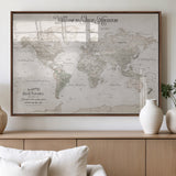 93034948-MGV-FP-36X24-3P_Walnut-Personalized World Map Wall Art – Vintage Beige Adventure Travel Map with Custom Names, Elegant Push Pin Canvas for Couples,