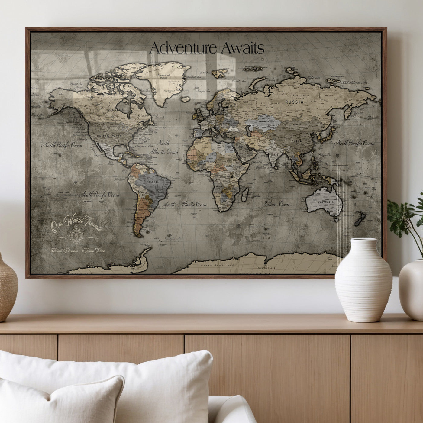 72658967-MGV-FP-36X24-3P_Walnut-Personalized World Map Wall Art – Adventure Awaits Rustic Sepia Travel Map with Custom Names, Vintage Wall Decor for Couples, Home