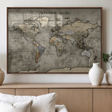 72658967-MGV-FP-36X24-3P_Walnut-Personalized World Map Wall Art – Adventure Awaits Rustic Sepia Travel Map with Custom Names, Vintage Wall Decor for Couples, Home