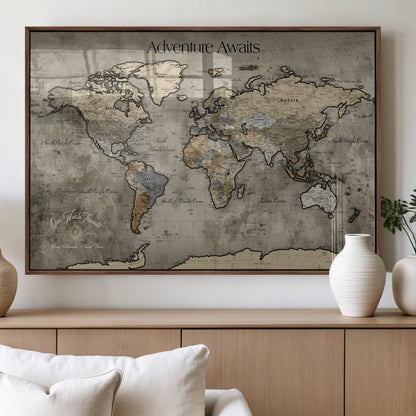 72658967-MGV-FP-36X24-3P_Walnut-Personalized World Map Wall Art – Adventure Awaits Rustic Sepia Travel Map with Custom Names, Vintage Wall Decor for Couples, Home
