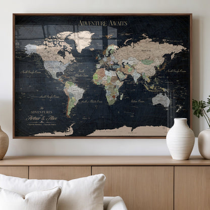 15547583-MGV-FP-36X24-3P_Walnut-Personalized World Map Wall Art – Rustic Navy Adventure Awaits Travel Map with Custom Couple Names, Vintage Wall Decor for Home or