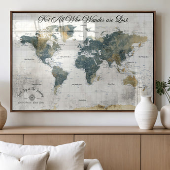16233493-MGV-FP-36X24-3P_Walnut-Personalized World Map Wall Art – Rustic Blue Green Wanderlust Travel Map with Custom Couple Names, Vintage Wall Decor for Home