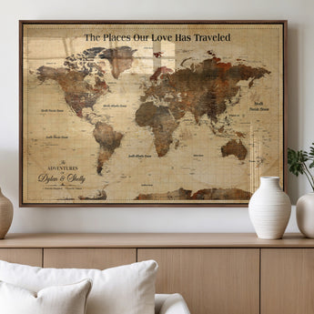 50680593-MGV-FP-36X24-3P_Walnut-Personalized World Map Wall Art – Rustic Brown Adventure Travel Map with Custom Names, Elegant Push Pin Canvas for Couples Home,