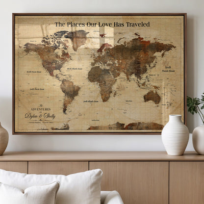 50680593-MGV-FP-36X24-3P_Walnut-Personalized World Map Wall Art – Rustic Brown Adventure Travel Map with Custom Names, Elegant Push Pin Canvas for Couples Home,