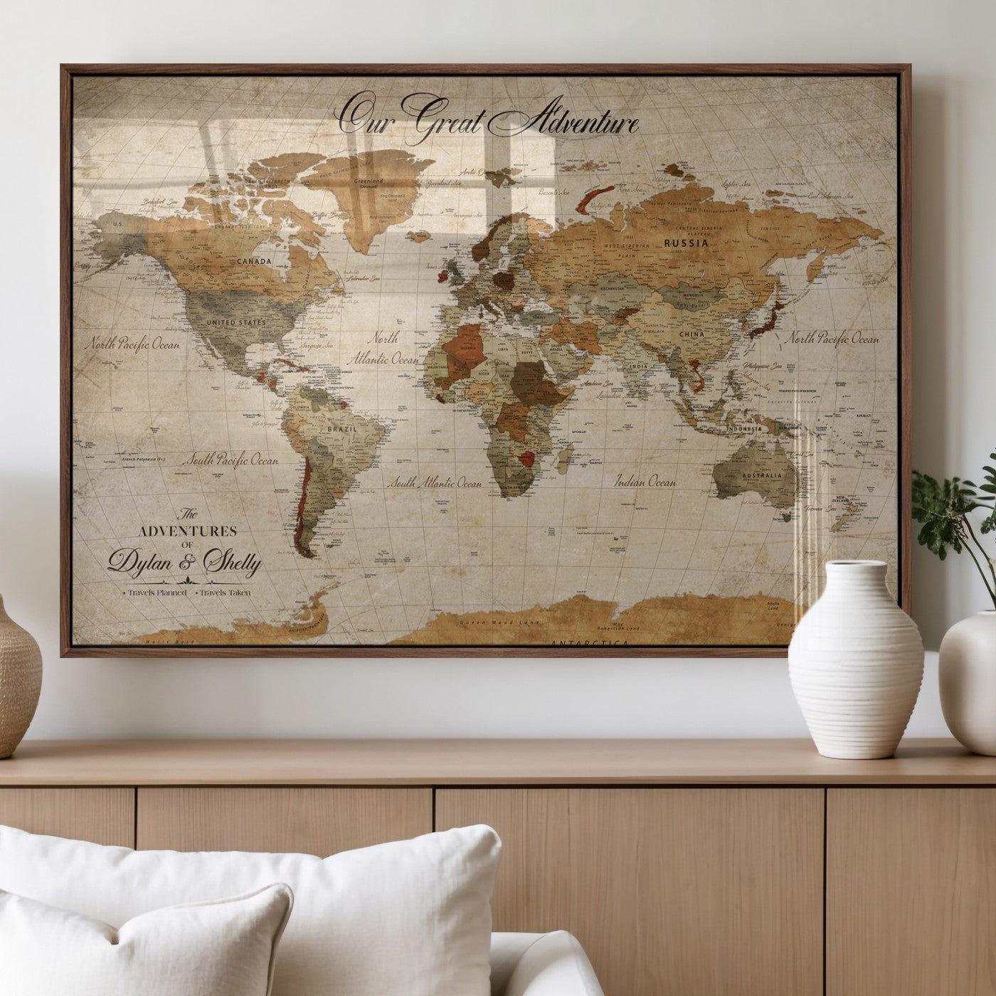 91961147-MGV-FP-36X24-3P_Walnut-Personalized World Map Wall Art – Vintage Sepia Adventure Travel Map with Custom Couple Names, Rustic Wall Decor for Home, Couples
