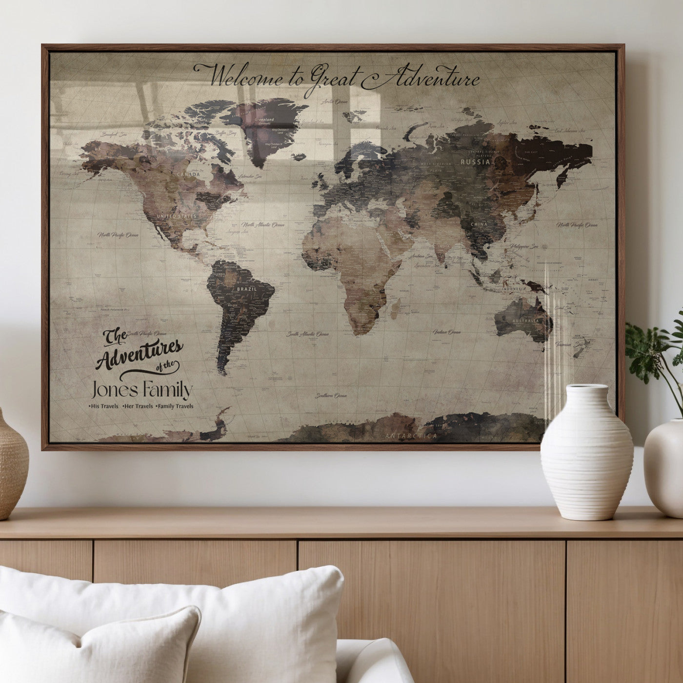 78610079-MGV-FP-36X24-3P_Walnut-Personalized World Map Wall Art – Vintage Rustic Travel Map with Custom Family Name, Adventure Wall Decor for Home, Family Gift or