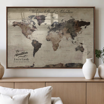 78610079-MGV-FP-36X24-3P_Walnut-Personalized World Map Wall Art – Vintage Rustic Travel Map with Custom Family Name, Adventure Wall Decor for Home, Family Gift or