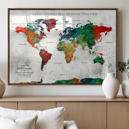 95876117-MGV-FP-36X24-3P_Walnut-Personalized World Map Wall Art – Colorful Watercolor Travel Map with Custom Names, Romantic Wall Decor for Couples, Wedding or