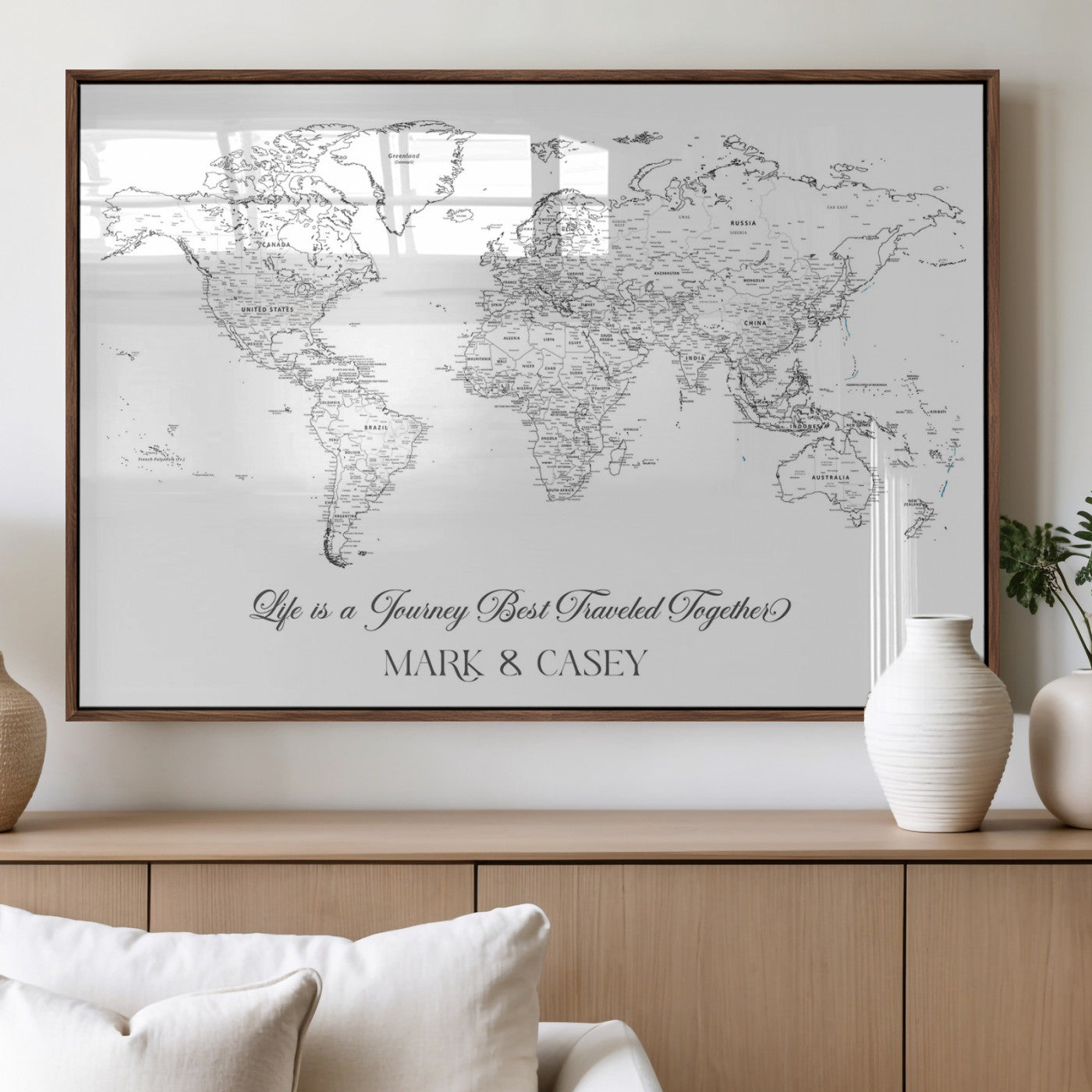 43438578-MGV-FP-36X24-3P_Walnut-Personalized World Map Wall Art – Black and White Minimal Travel Map with Custom Names, Elegant Wall Decor for Couples, Wedding or