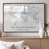 43438578-MGV-FP-36X24-3P_Walnut-Personalized World Map Wall Art – Black and White Minimal Travel Map with Custom Names, Elegant Wall Decor for Couples, Wedding or