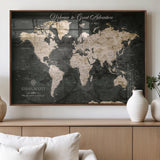 70534097-MGV-FP-36X24-3P_Walnut-Personalized World Map Wall Art – Dark Vintage Adventure Style Travel Map with Custom Names, Unique Wall Decor for Couples, Home