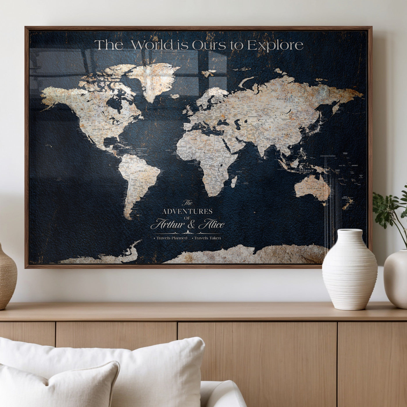13231361-MGV-FP-36X24-3P_Walnut-Personalized World Map Wall Art – Navy Blue Vintage Adventure Travel Map with Custom Names, Elegant Push Pin Canvas for Couples