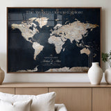 13231361-MGV-FP-36X24-3P_Walnut-Personalized World Map Wall Art – Navy Blue Vintage Adventure Travel Map with Custom Names, Elegant Push Pin Canvas for Couples