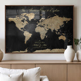 98947257-MGV-FP-36X24-3P_Walnut-Personalized World Map Wall Art – Vintage Black Adventure Travel Map with Custom Names, Elegant Push Pin Canvas for Couples Home