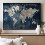 16933330-MGV-FP-36X24-3P_Walnut-Personalized World Map Wall Art – Navy Blue Vintage Travel Map with Custom Names, Anniversary Gift for Couples Romantic Adventure