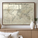 35009043-MGV-FP-36X24-3P_Walnut-Personalized World Map Wall Art – Vintage Beige Travel Map with Custom Names and Date, Romantic Anniversary Gift for Couples Home