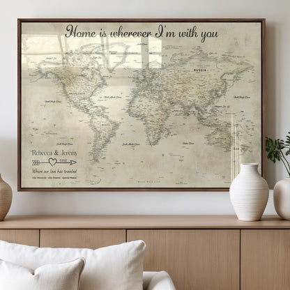 35009043-MGV-FP-36X24-3P_Walnut-Personalized World Map Wall Art – Vintage Beige Travel Map with Custom Names and Date, Romantic Anniversary Gift for Couples Home