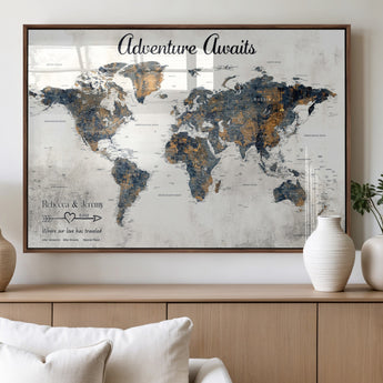 11751559-MGV-FP-36X24-3P_Walnut-Personalized World Map Wall Art – Elegant Adventure Travel Tracker Map for Couples & Families, Push Pin Canvas Poster Decor for Home, Office