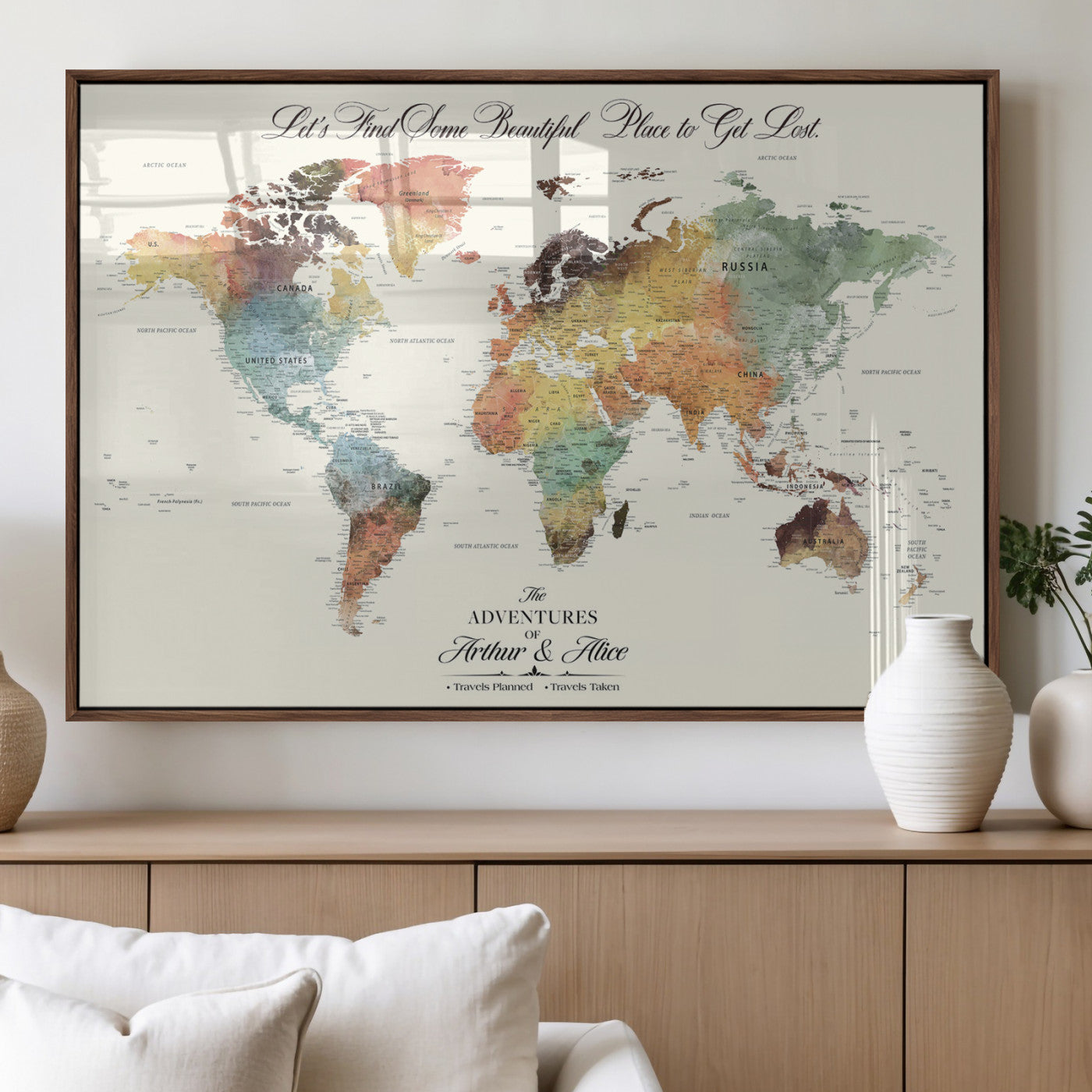 10311652-MGV-FP-36X24-3P_Walnut-Personalized World Map Wall Art - Watercolor Travel Map with Custom Names Minimalist Design for Couples&Families - Decor for Home,