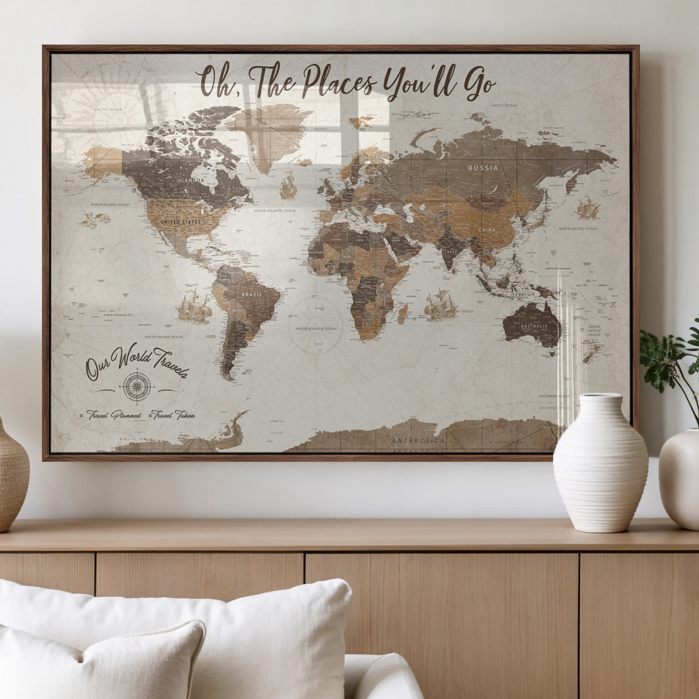 14140137-MGV-FP-36X24-3P_Walnut-Personalized World Map Wall Art – Vintage Nautical Adventure Map with Ships and Compass, Rustic Sepia Tones for Travel Lovers and