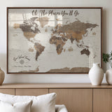 14140137-MGV-FP-36X24-3P_Walnut-Personalized World Map Wall Art – Vintage Nautical Adventure Map with Ships and Compass, Rustic Sepia Tones for Travel Lovers and