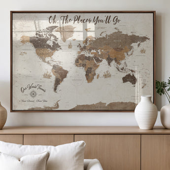 14140137-MGV-FP-36X24-3P_Walnut-Personalized World Map Wall Art – Vintage Nautical Adventure Map with Ships and Compass, Rustic Sepia Tones for Travel Lovers and