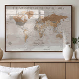 34289723-MGV-FP-36X24-3P_Walnut-Personalized World Map Wall Art – Elegant Beige and Brown Adventure Map Canvas Print for Family Home, Living Room, Study or Office