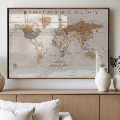 34289723-MGV-FP-36X24-3P_Walnut-Personalized World Map Wall Art – Elegant Beige and Brown Adventure Map Canvas Print for Family Home, Living Room, Study or Office
