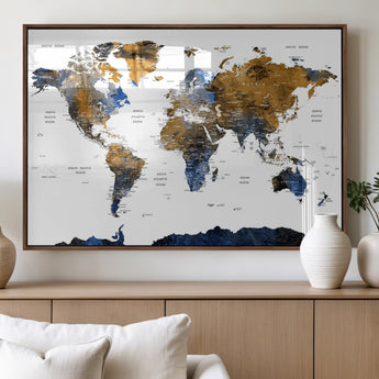 MGV-FP-36X24-3P - World Map Wall Art Canvas Print, Framed Blue Gold Map Art Picture Print, Rustic Atlas Perfect Rustic Modern Decor Artwork