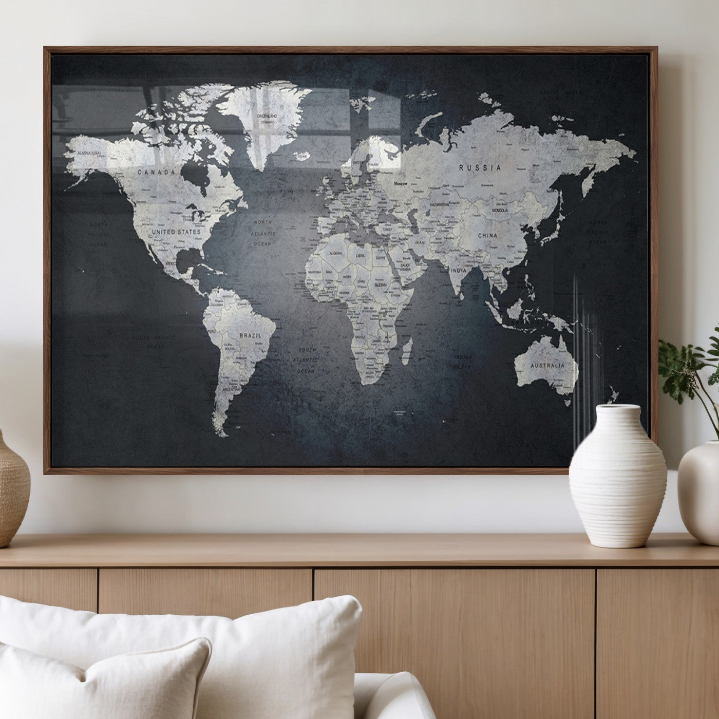 MGV-FP-36X24-3P - Monochrome World Map Wall Art Canvas Print, Framed Minimalist Map Art Picture Print, Modern Atlas Perfect Modern Minimalist Decor Artwork