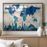 MGV-FP-36X24-3P - Blue World Map Wall Art Canvas Print, Framed Iconic Landmarks Art Picture Print, Blue Globe Map Perfect Elegant Explorer Decor Artwork