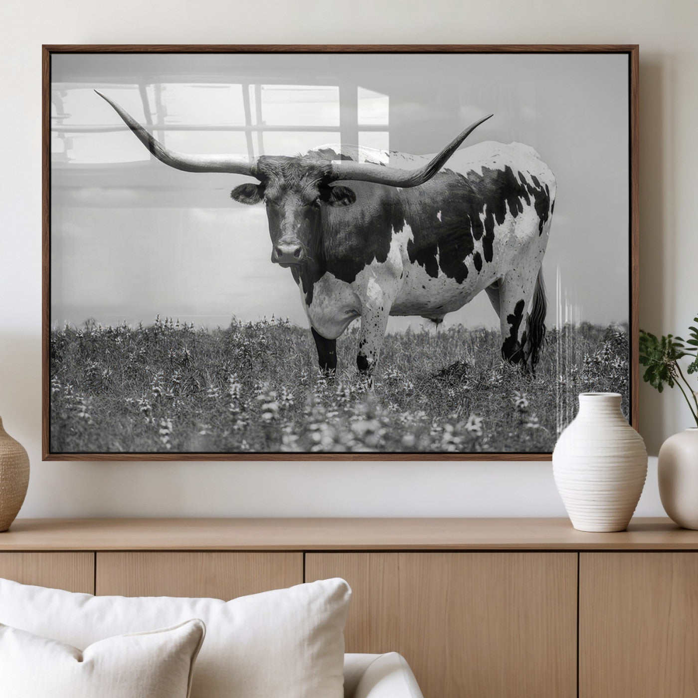 83785-MGV-FP-36X24-3P_Walnut-Texas Longhorn Wall Art Canvas Print, Framed Horned Bull Art Picture Print, Monochrome Cattle Perfect Rustic Western Decor Artwork
