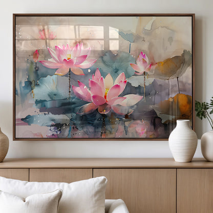 18414-MGV-FP-36X24-3P_Walnut-Pink Lotus Wall Art Canvas Print, Framed Water Lily Art Picture Print, Dreamy Floral Perfect Dreamy Botanical Decor Artwork