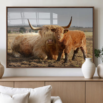 88780-MGV-FP-36X24-3P_Walnut-Highland Cow Wall Art Canvas Print, Framed Cow Calf Art Picture Print, Scottish Cattle Perfect Rustic Farmhouse Decor Artwork