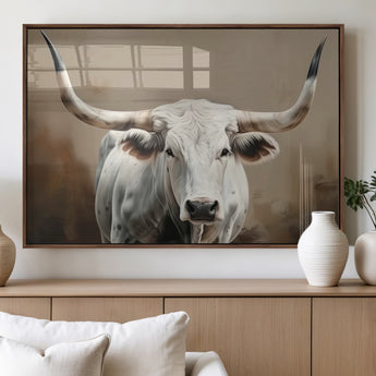 63550-MGV-FP-36X24-3P_Walnut-Texas Longhorn Wall Art Canvas Print, Framed White Bull Art Picture Print, Horned Cattle Perfect Rustic Western Decor Artwork