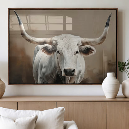 63550-MGV-FP-36X24-3P_Walnut-Texas Longhorn Wall Art Canvas Print, Framed White Bull Art Picture Print, Horned Cattle Perfect Rustic Western Decor Artwork