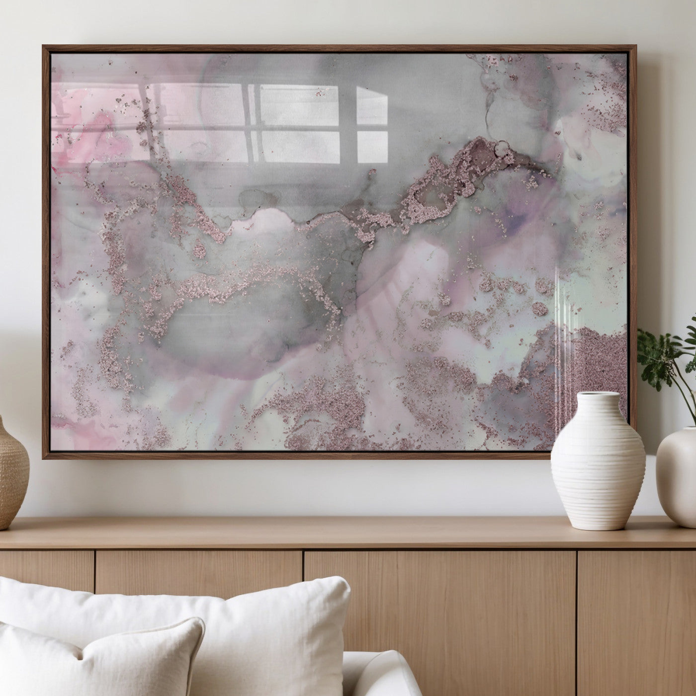 16416-MGV-FP-36X24-3P_Walnut-Blush Marble Wall Art Canvas Print, Framed Rose Gold Art Picture Print, Pink Cloudy Perfect Modern Glam Decor Artwork
