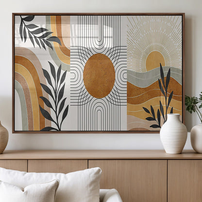 32359-MGV-FP-36X24-3P_Walnut-Modern Sun Wall Art Canvas Print, Framed Retro Horizon Art Picture Print, Sunburst Design Perfect Mid Century Boho Decor Artwork